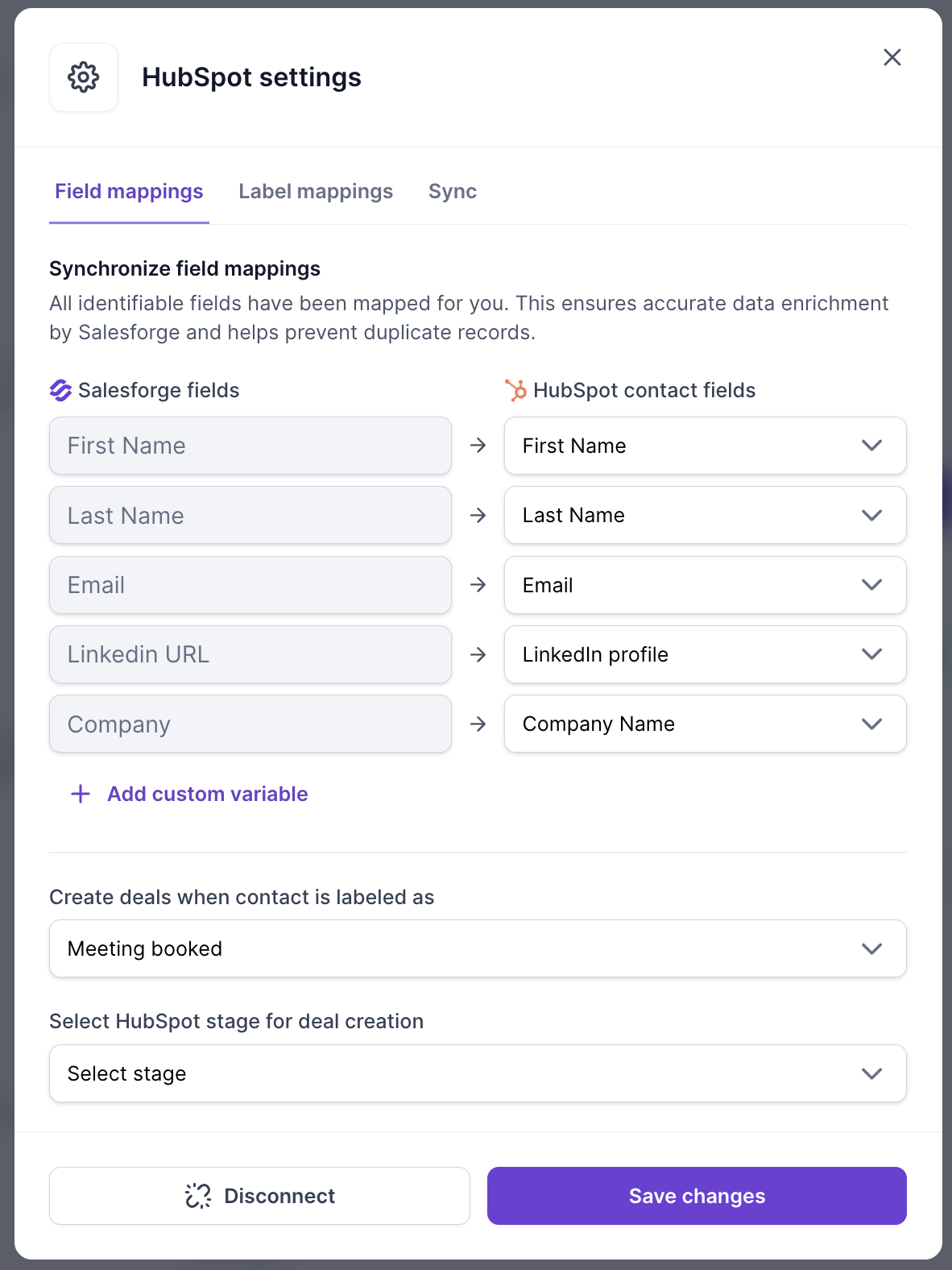 HubSpot settings, Field mappings tab