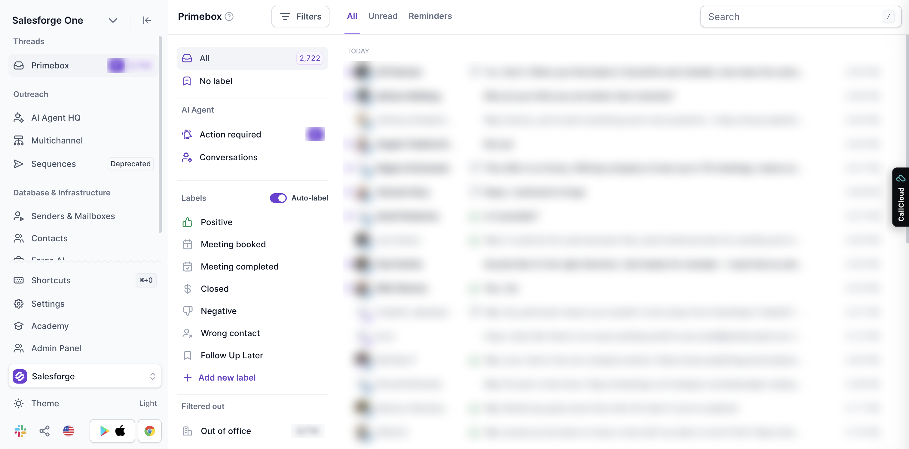 Salesforge Primebox with the CallCloud tab on the right edge of the screen