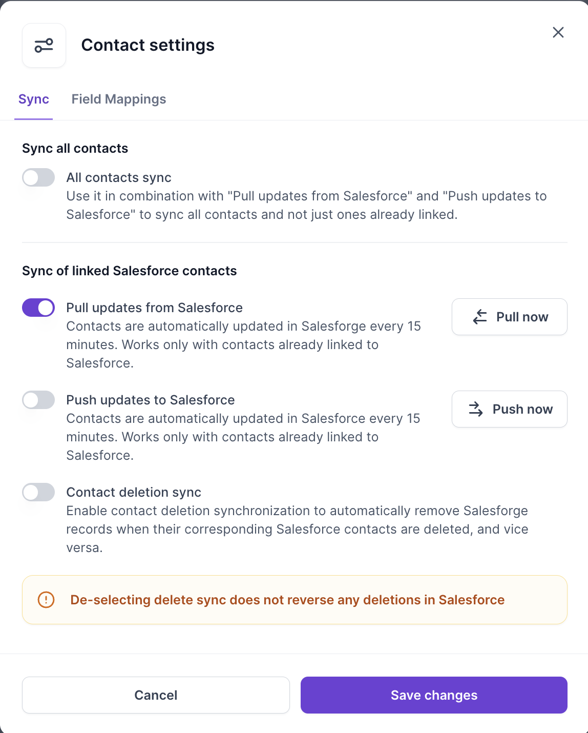 Contact settings, Sync tab: All contacts sync, Pull and Push updates, Contact deletion sync