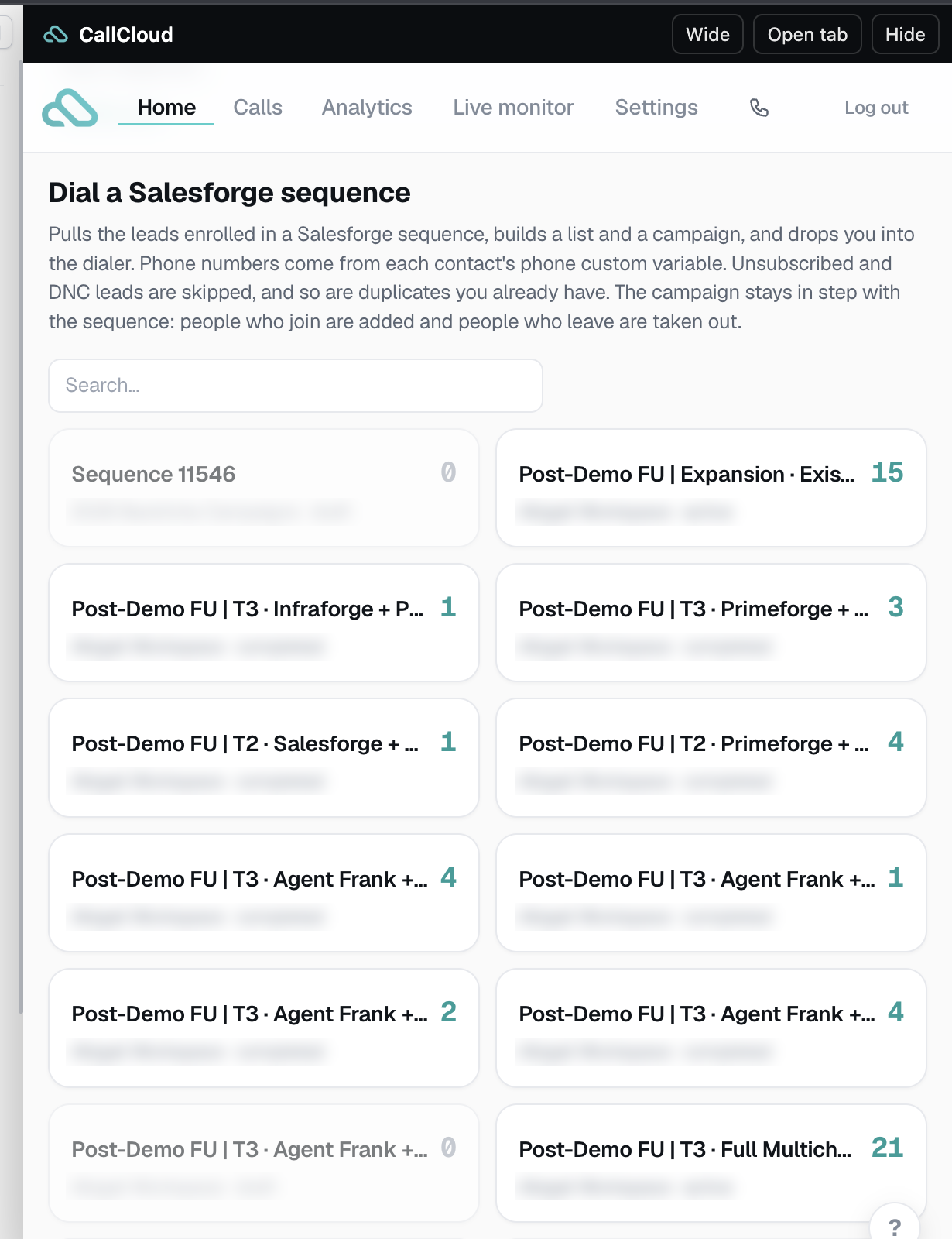 CallCloud panel inside Salesforge showing the Dial a Salesforge sequence page and the list of sequences