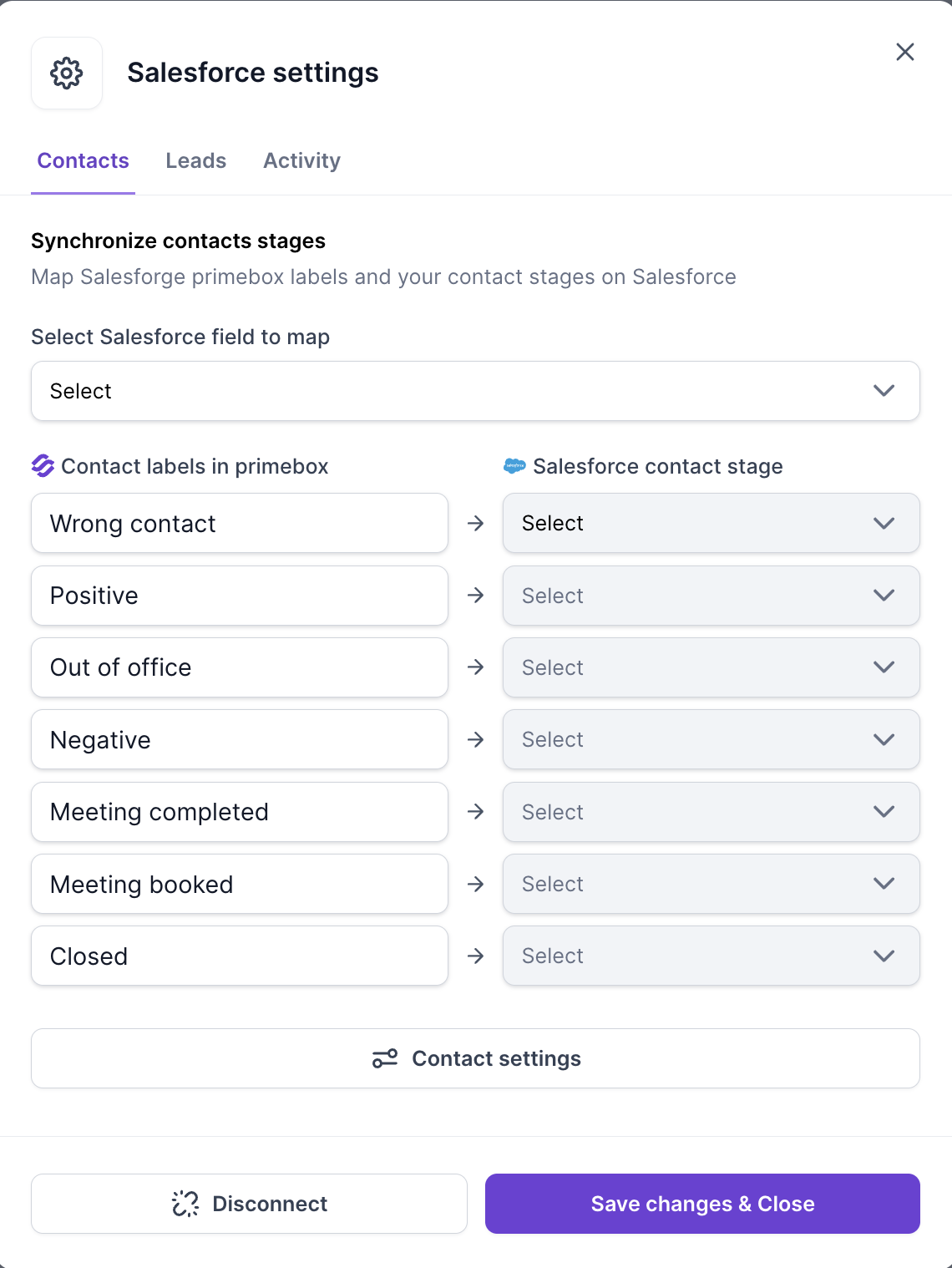 Salesforce settings, Contacts tab: map Primebox labels to Salesforce contact stages