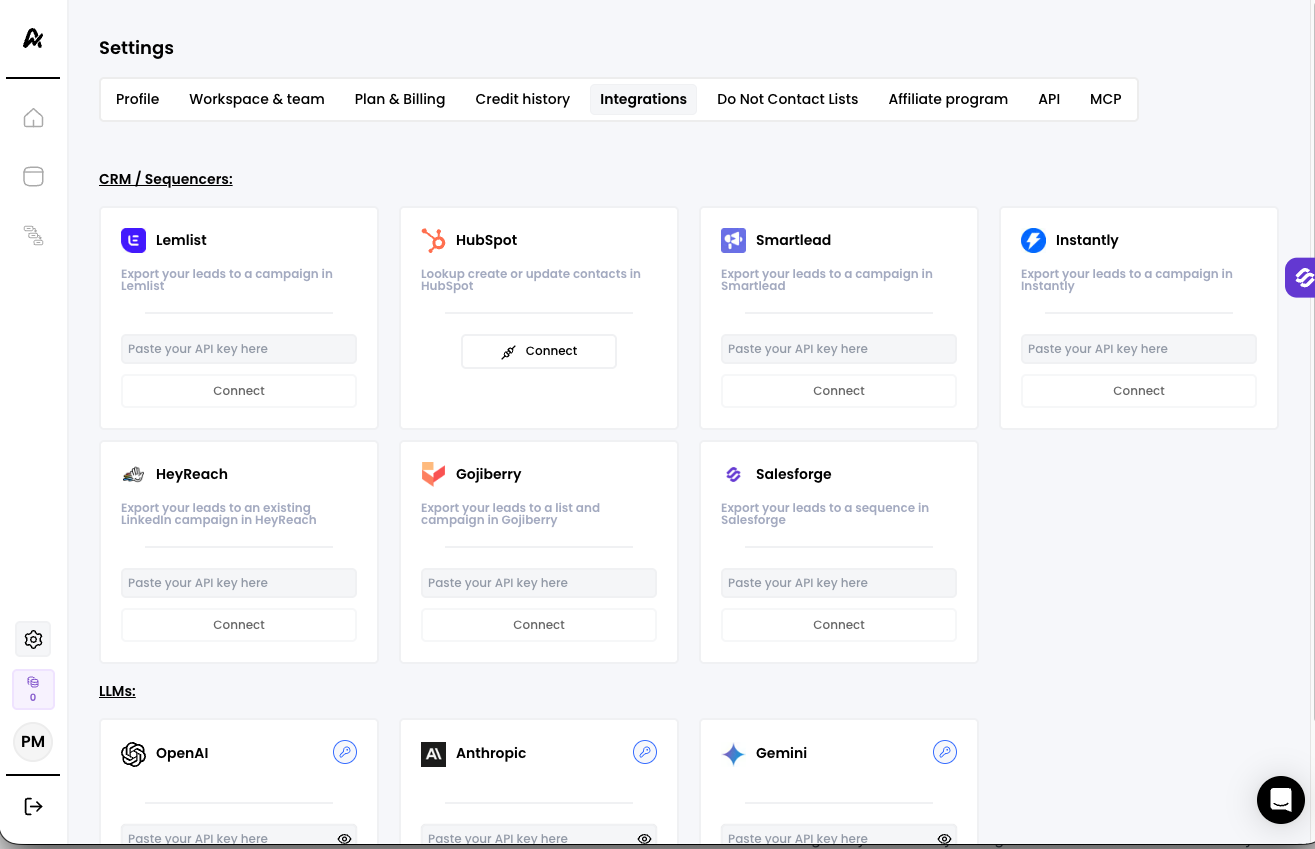 Airscale Settings > Integrations tab showing the Salesforge card under CRM / Sequencers