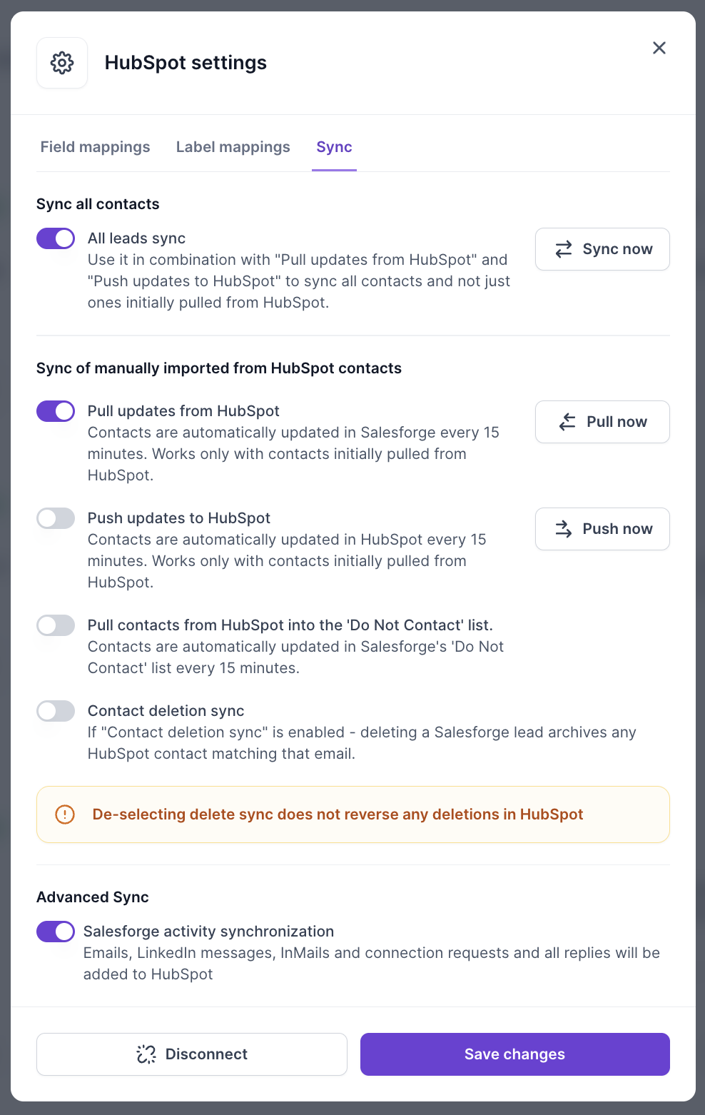 HubSpot settings, Sync tab