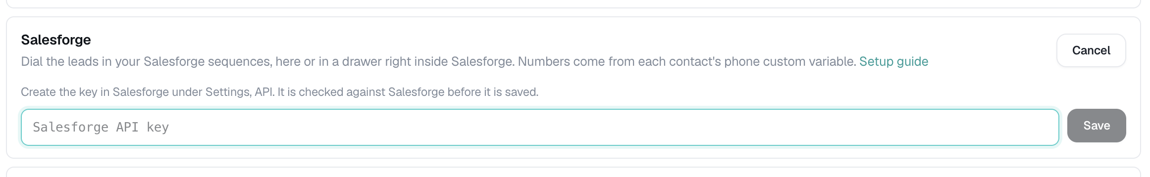 Salesforge API key field in CallCloud with the Save button