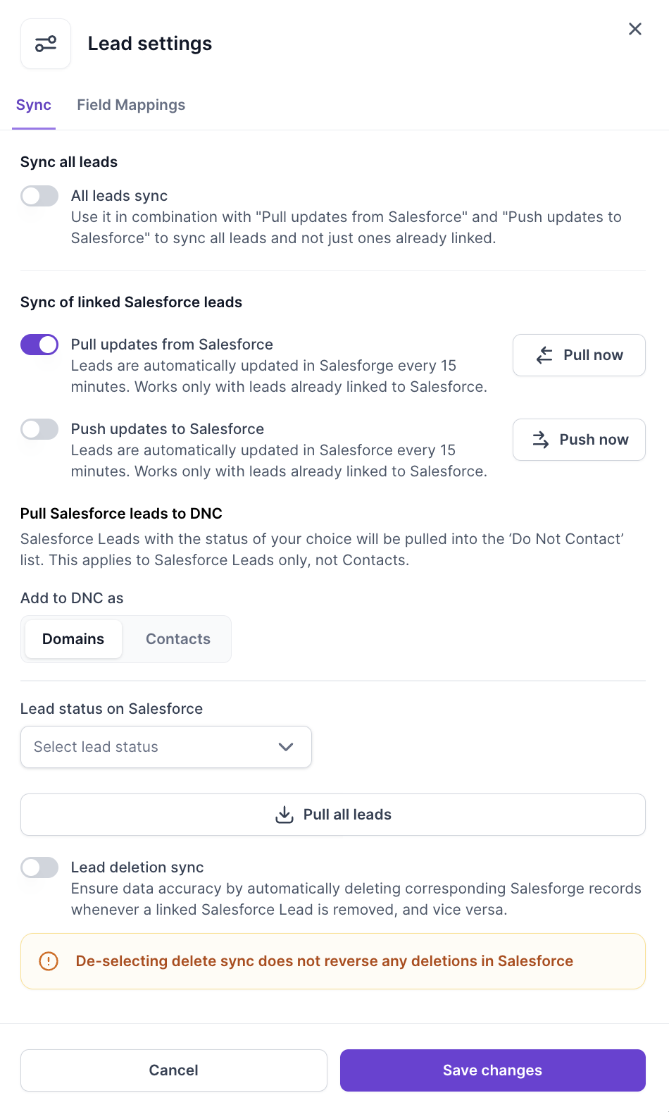 Lead settings, Sync tab: All leads sync, Pull and Push updates, Pull Salesforce leads to DNC, Lead deletion sync
