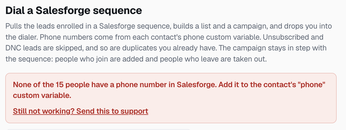 CallCloud message saying none of the people in the sequence have a phone number in Salesforge