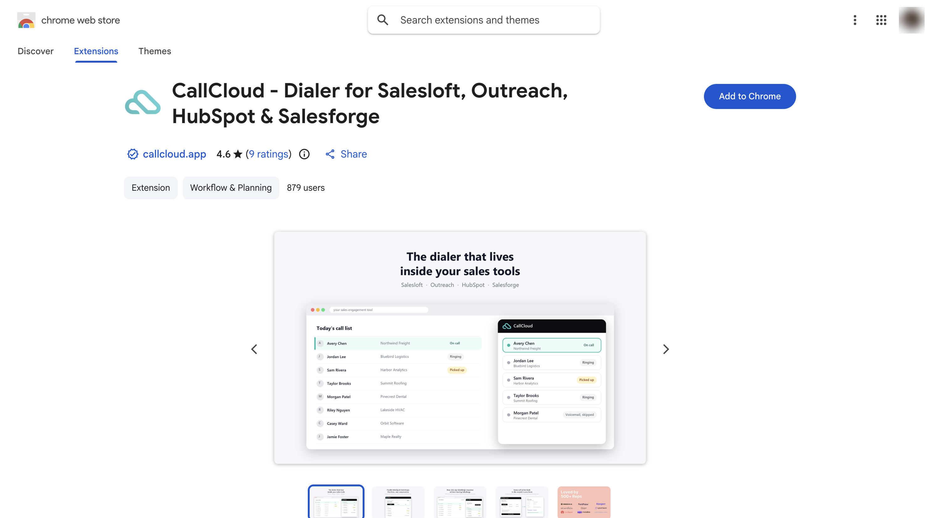 CallCloud extension in the Chrome Web Store with the Add to Chrome button