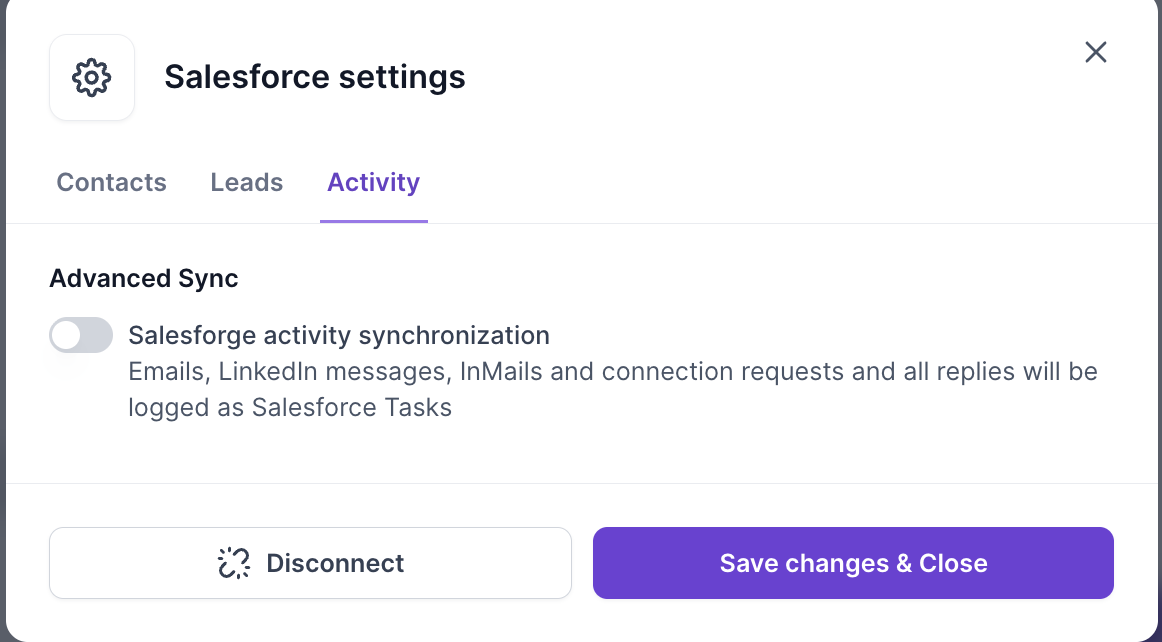 Salesforce settings, Activity tab: Salesforge activity synchronization toggle