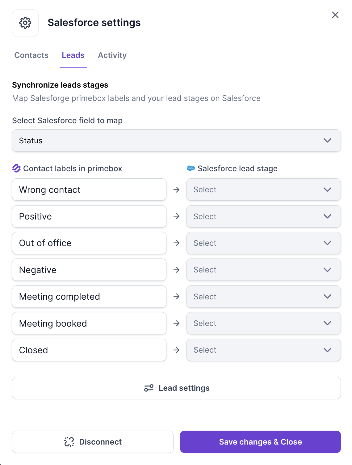 Salesforce settings, Leads tab: map Primebox labels to Salesforce lead stages using the Status field
