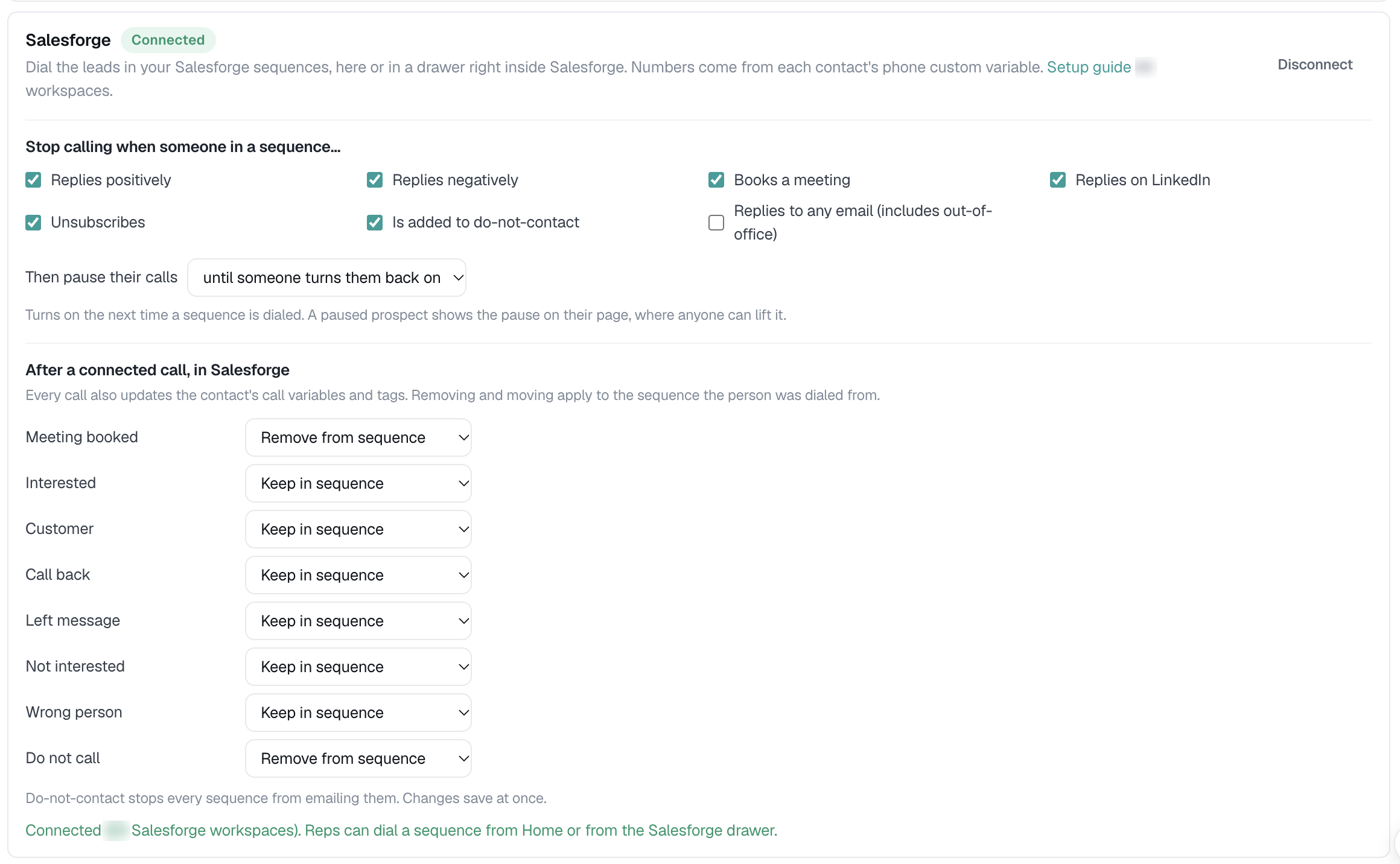 Connected Salesforge card in CallCloud with the stop-calling rules and call outcome settings