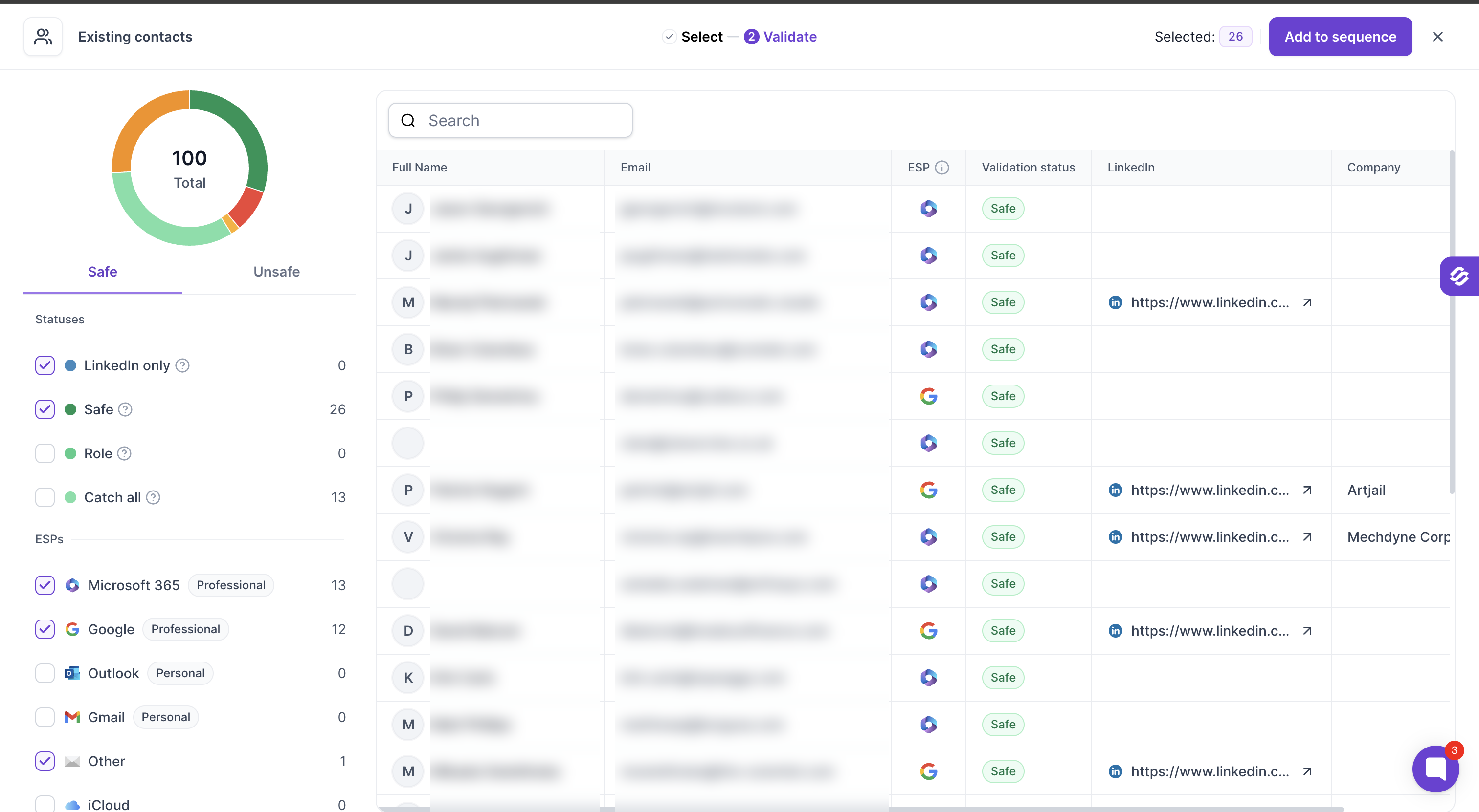 Salesforge validation screen, Safe tab, with the Statuses and ESPs filters
