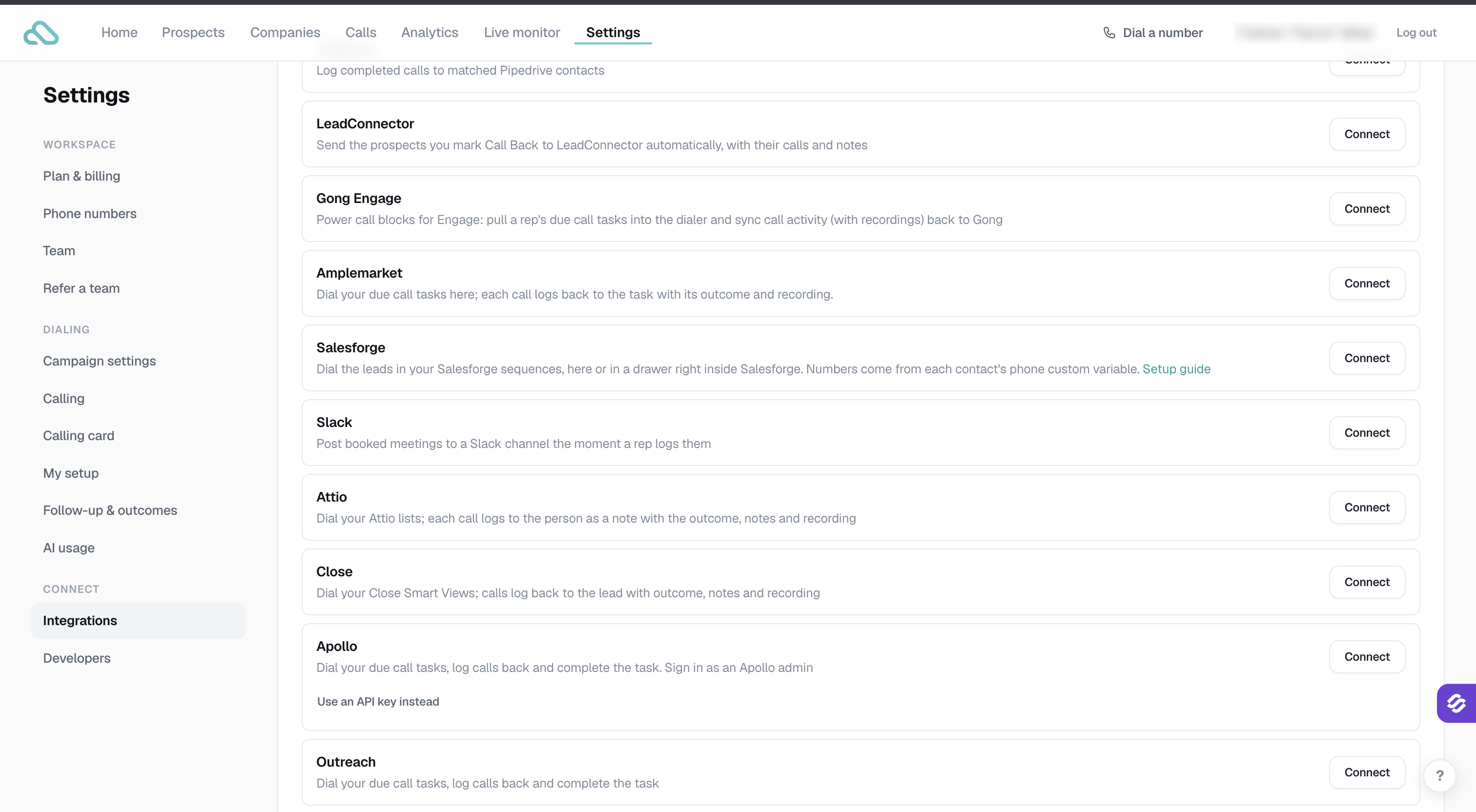 CallCloud Settings > Integrations page with the Salesforge card and Connect button