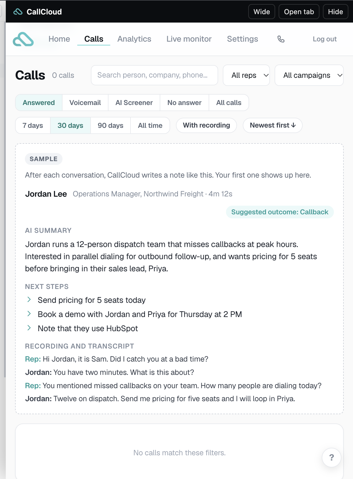 CallCloud Calls page with filters and a sample call note showing an AI summary, next steps and transcript
