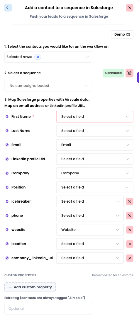 Add a contact to a sequence in Salesforge panel with row selection, sequence selection and field mapping