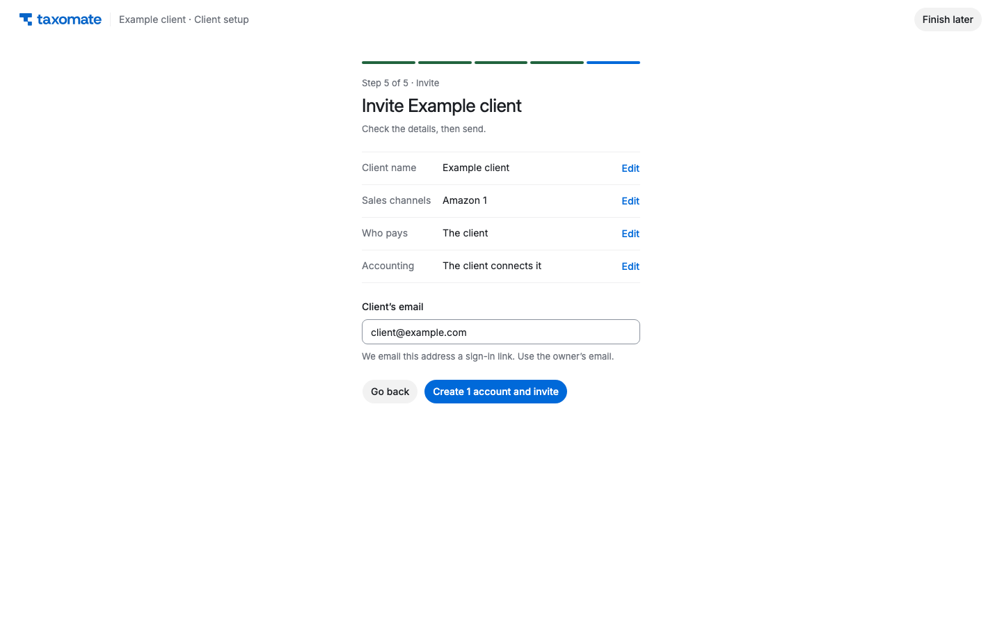 Invite step with a summary of answers and the Client email field