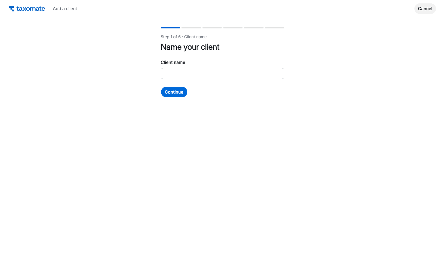 First step of Add a client with a Client name field