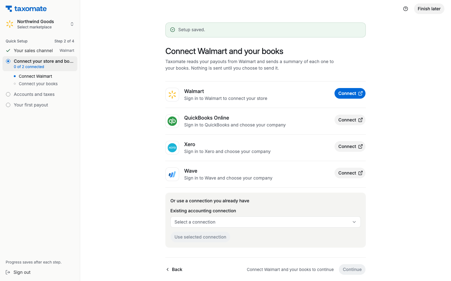 Taxomate Walmart setup with the Connect button on the Walmart row