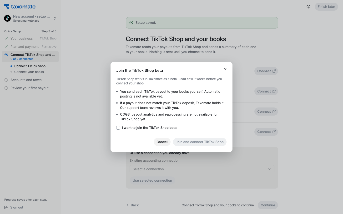 The Join the TikTok Shop beta window with the three beta terms, the I want to join the TikTok Shop beta check box, and the Join and connect TikTok Shop button