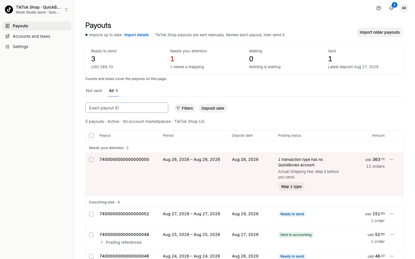 Payouts page for a TikTok Shop account. The top line says TikTok Shop payouts are sent manually. One payout needs a mapping, and the others are Ready to send or Sent to accounting