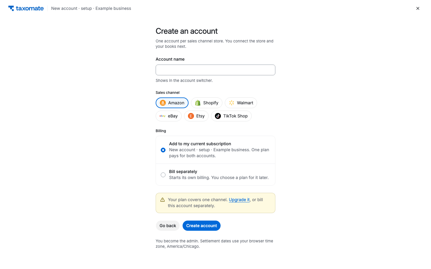 Create an account page with account name, sales channel and billing choices