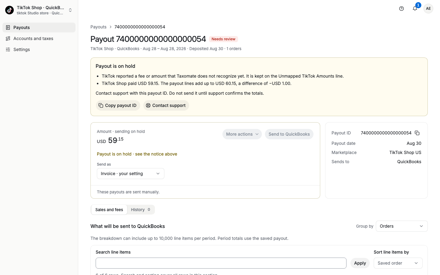 A held TikTok Shop payout with the status Needs review, the notice Payout is on hold, and the Copy payout ID and Contact support buttons