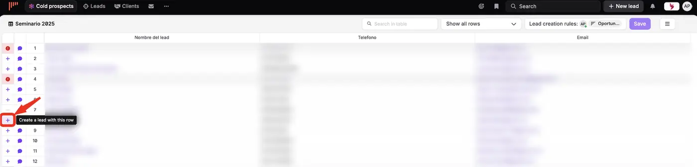 Create a lead with this row button in a prospecting list