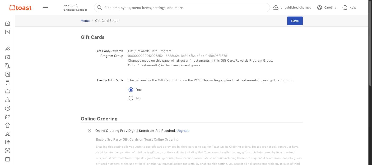Enable Gift Cards in Toast Web