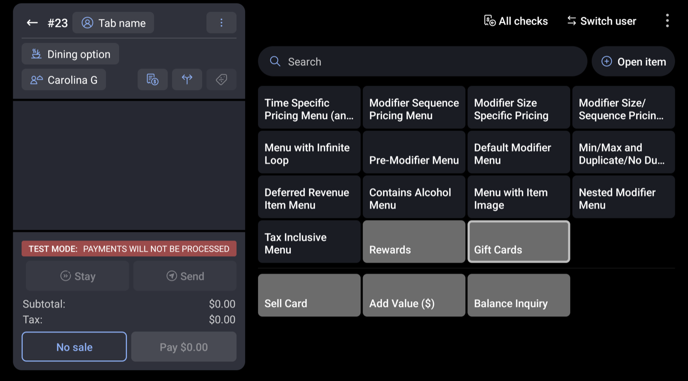 Gift card buttons on the Toast POS menu