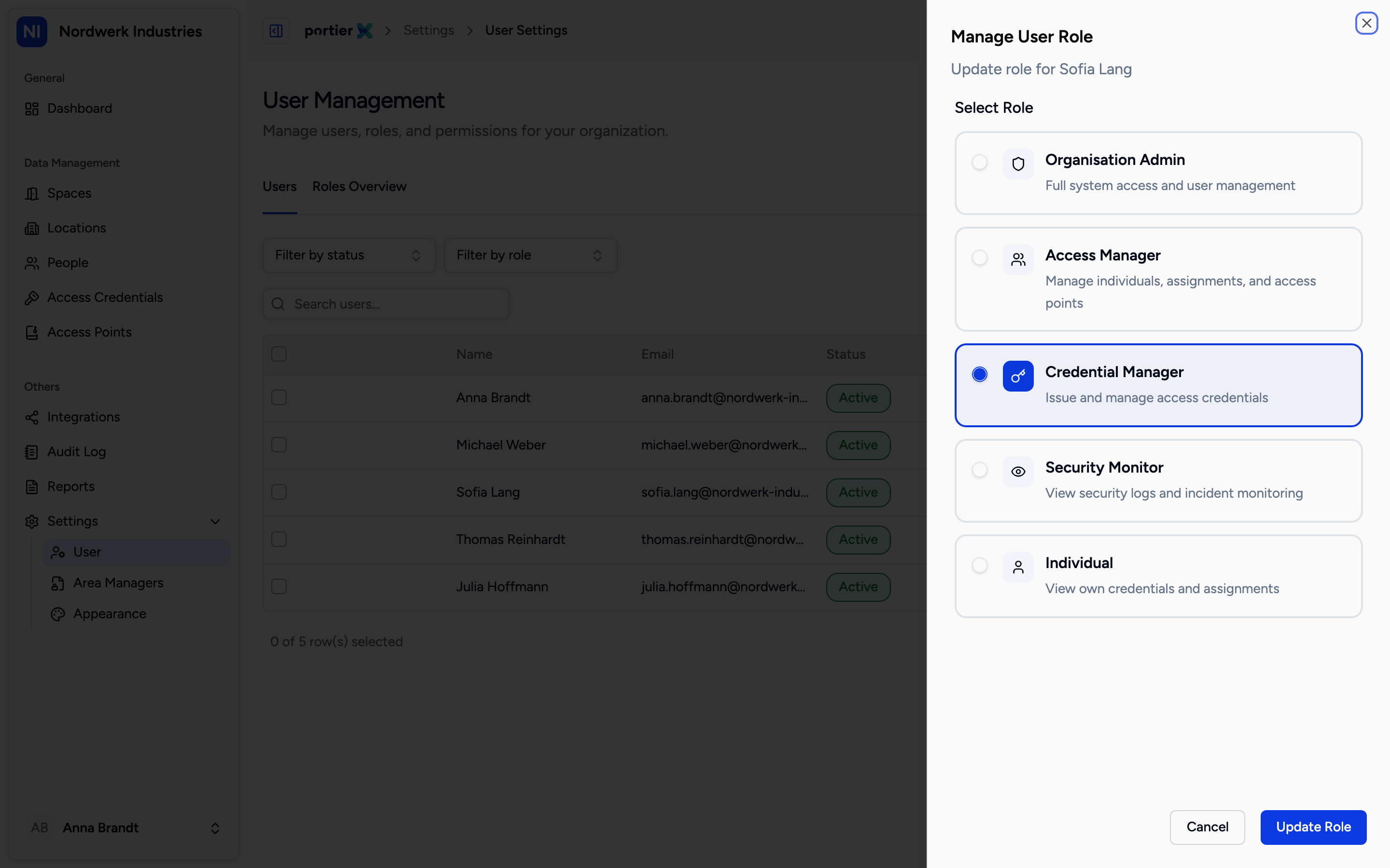 Manage User Role. Each role comes with a line saying what it is for.