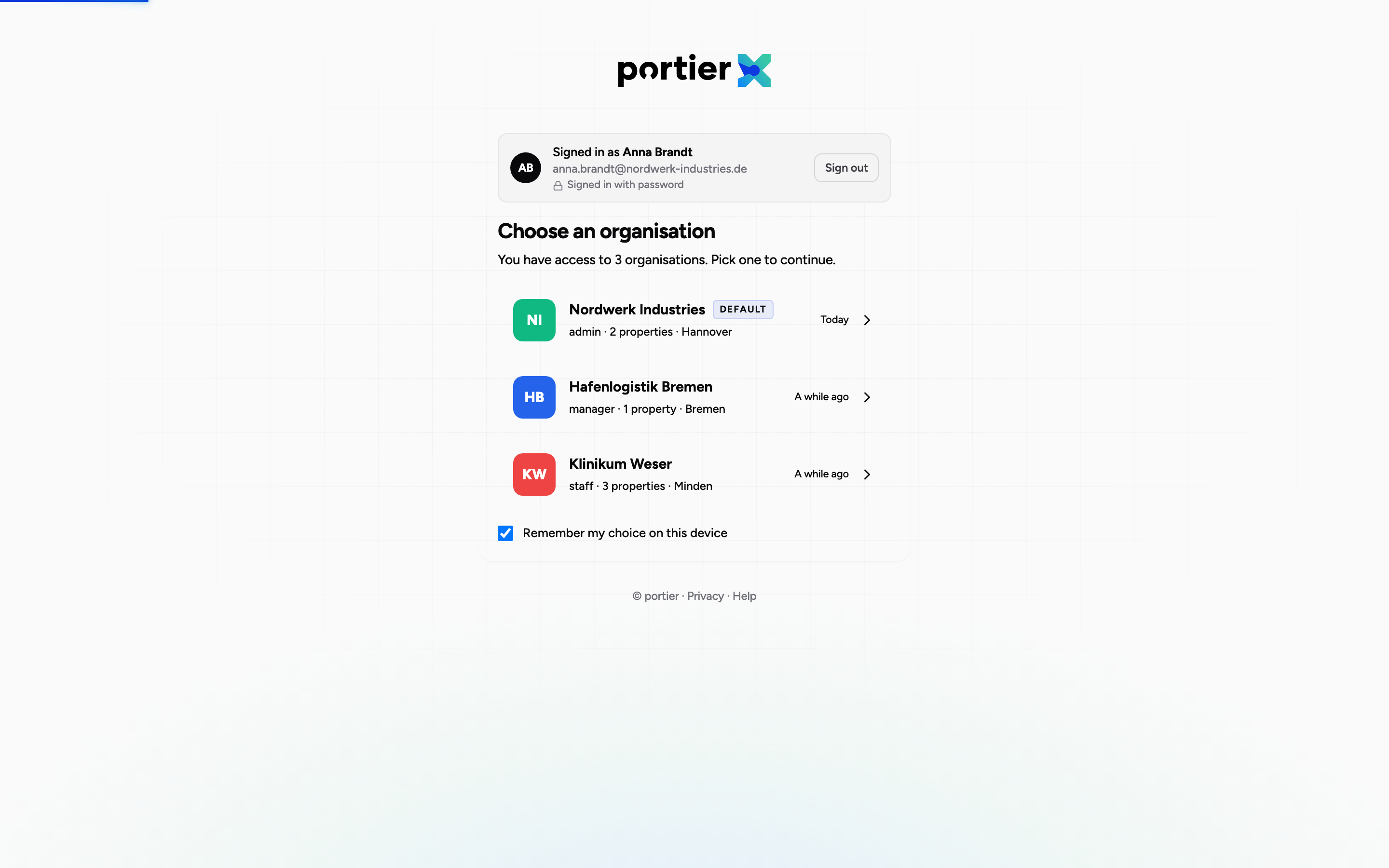 The picker after signing in. The last used and the default organisation are marked.