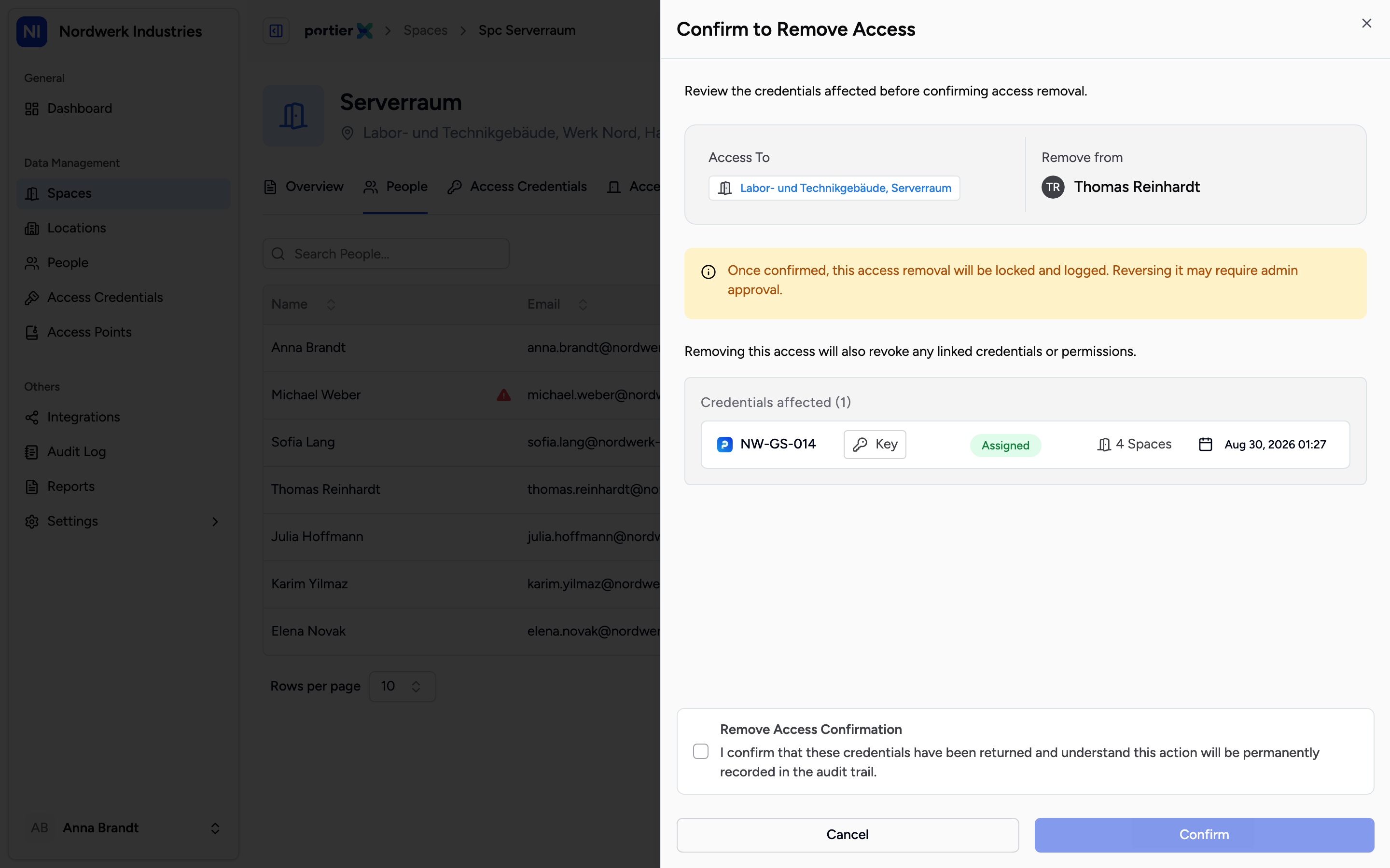 Credentials affected, with a count. Read that list before you tick the box.
