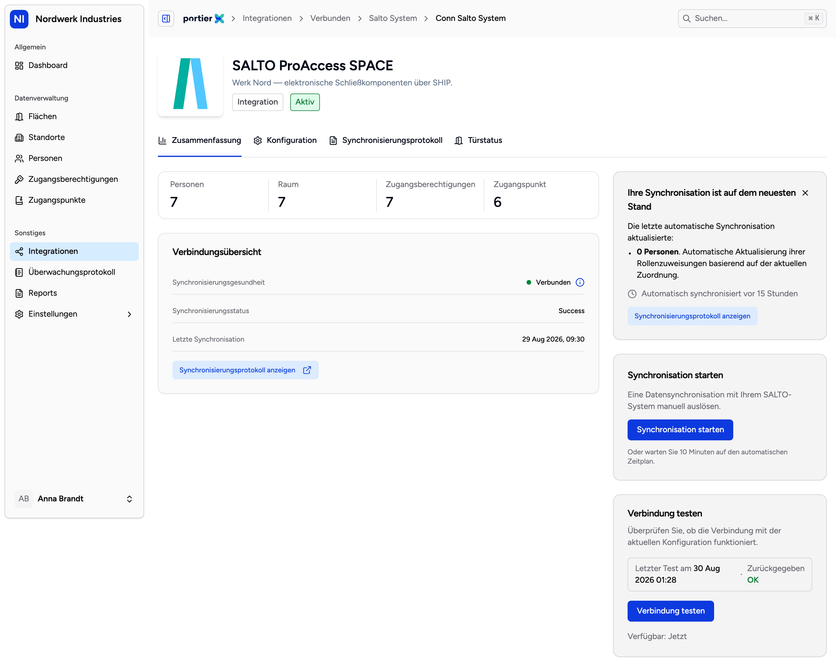 Verbindungsübersicht mit Synchronisierungsgesundheit, Synchronisierungsstatus und Letzte Synchronisation. Rechts stehen die beiden Schaltflächen und darunter, wann sie wieder zur Verfügung stehen.