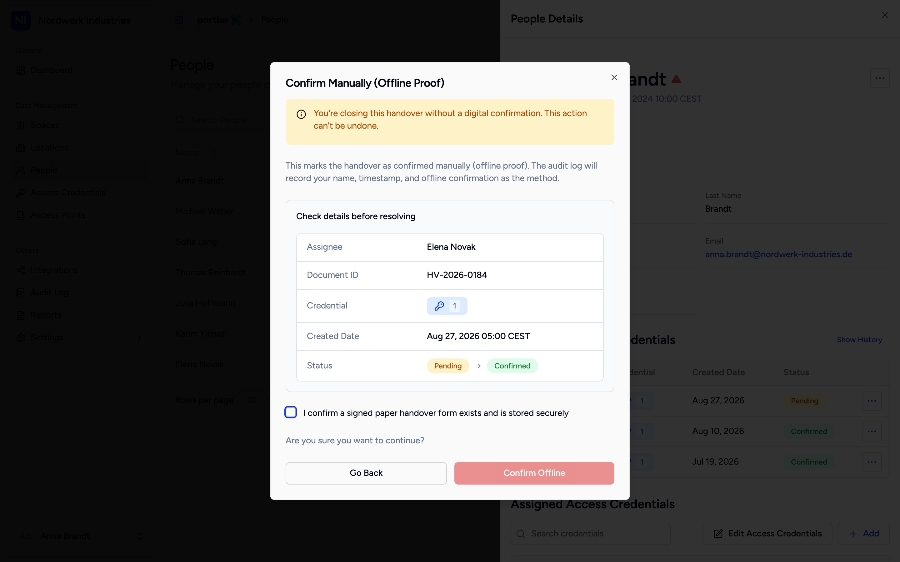 Confirm Manually. The tick is a statement about a piece of paper on your desk, not one in portierX.
