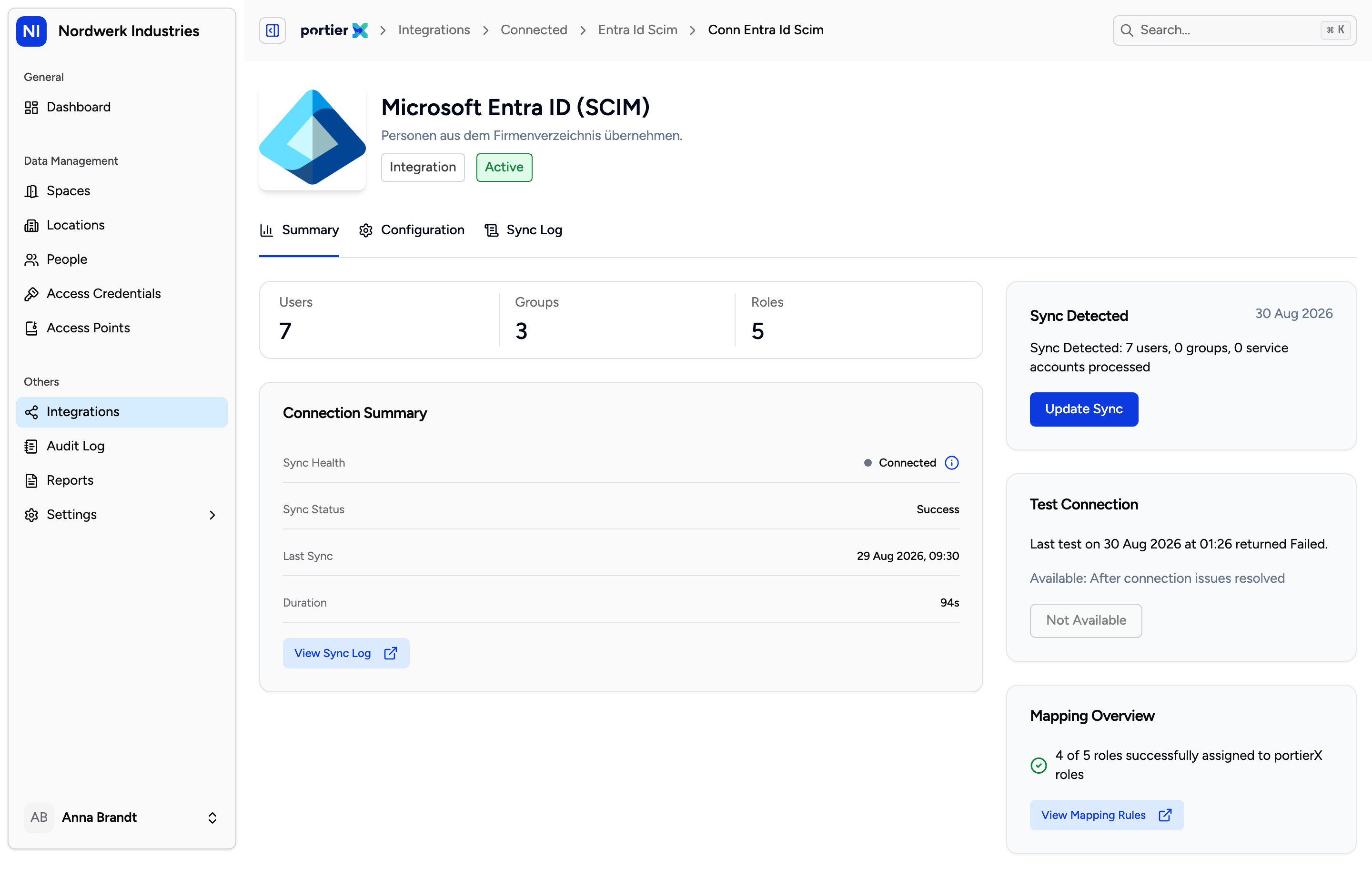 The connection summary counts the users, groups and service accounts in the last push, and below it says how many roles could be mapped.