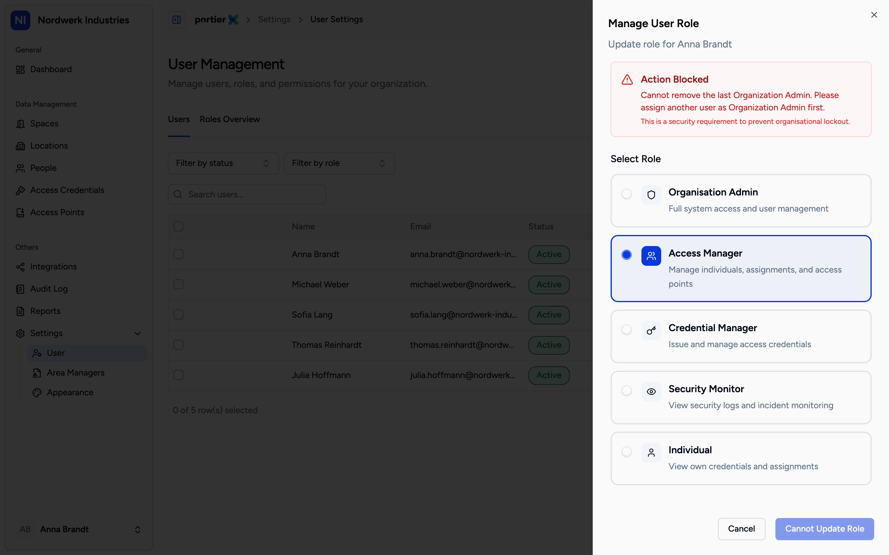 Action Blocked. The last Organization Admin cannot be downgraded, and the button says so.