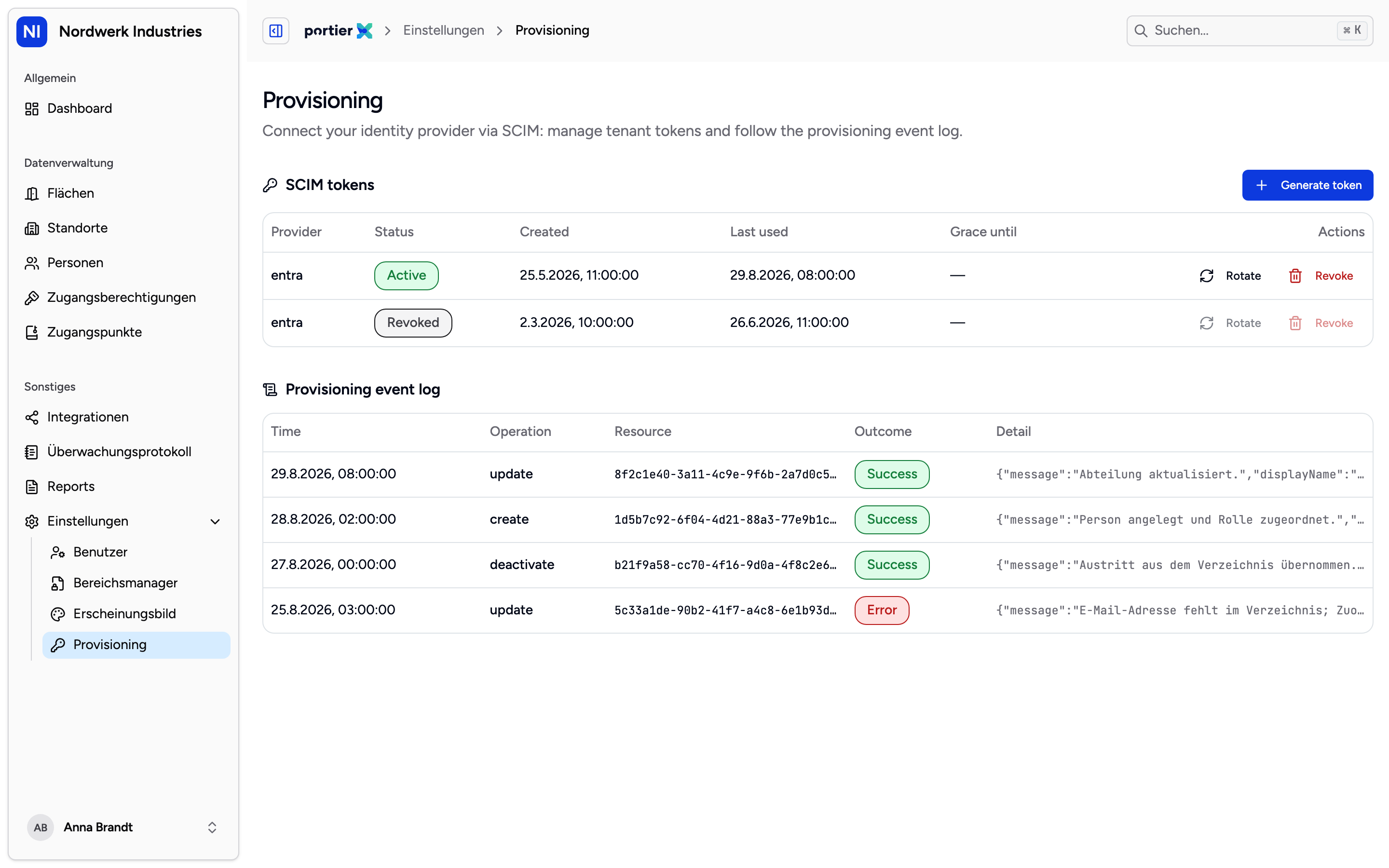 Die Tabelle der SCIM-Token mit Status, Erstellungsdatum und letzter Verwendung. Erzeugen, erneuern und zurückziehen passiert alles auf dieser Seite.