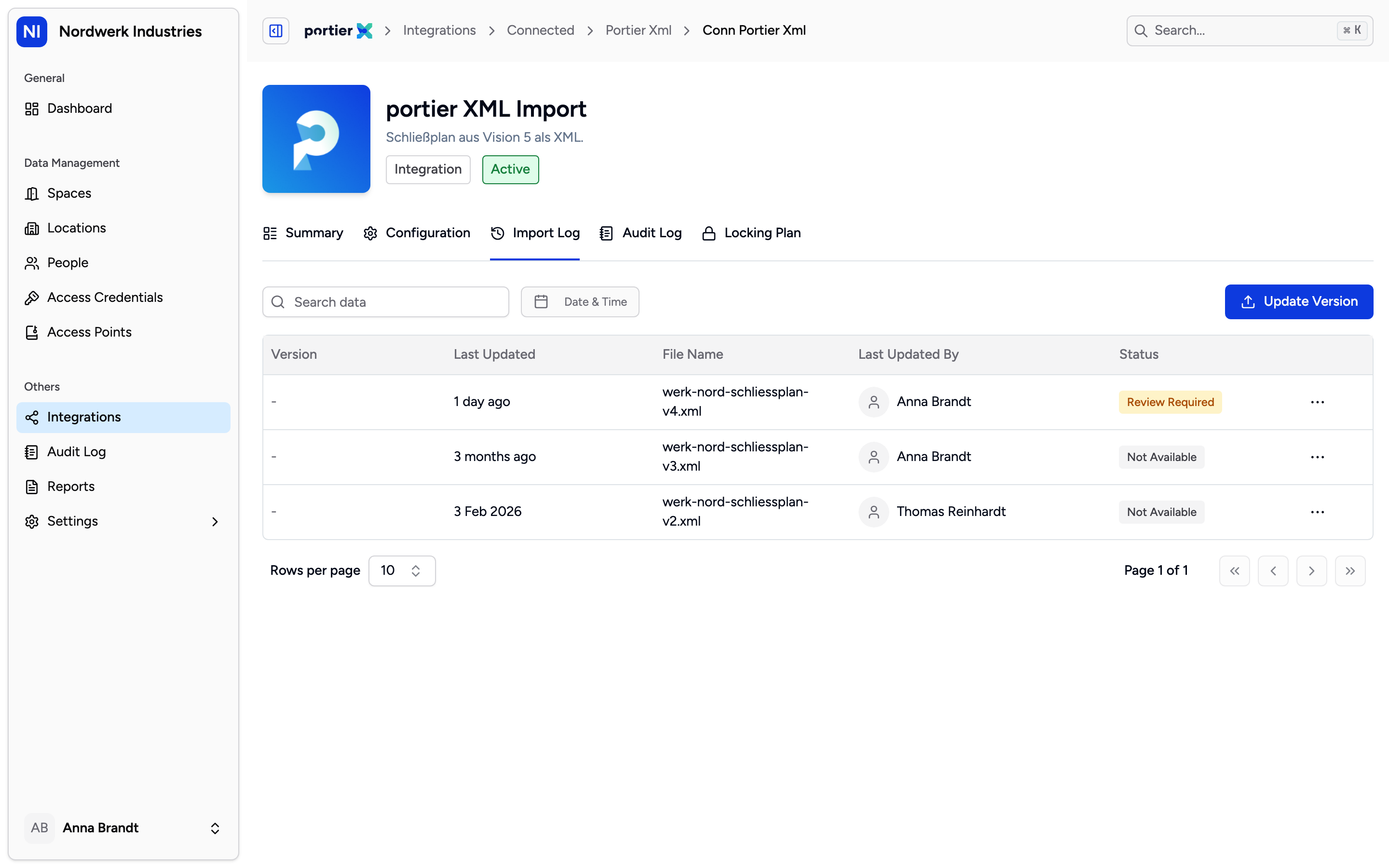 The import log belongs to the file-based connections. Version, File Name and Executed by, with Retry Import alongside.