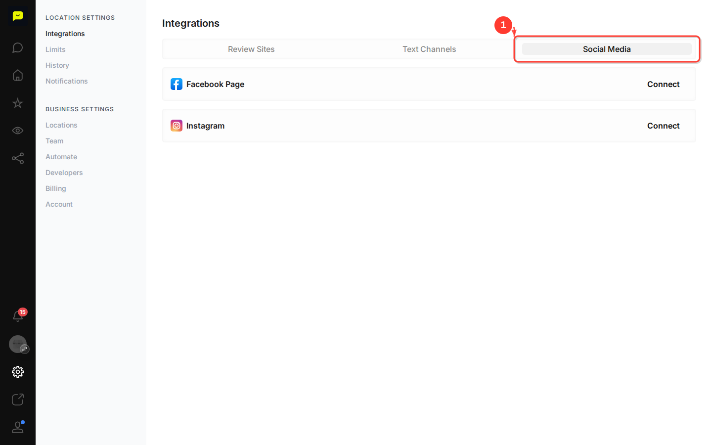 The Social Media tab: Facebook Page and Instagram, each with a Connect button