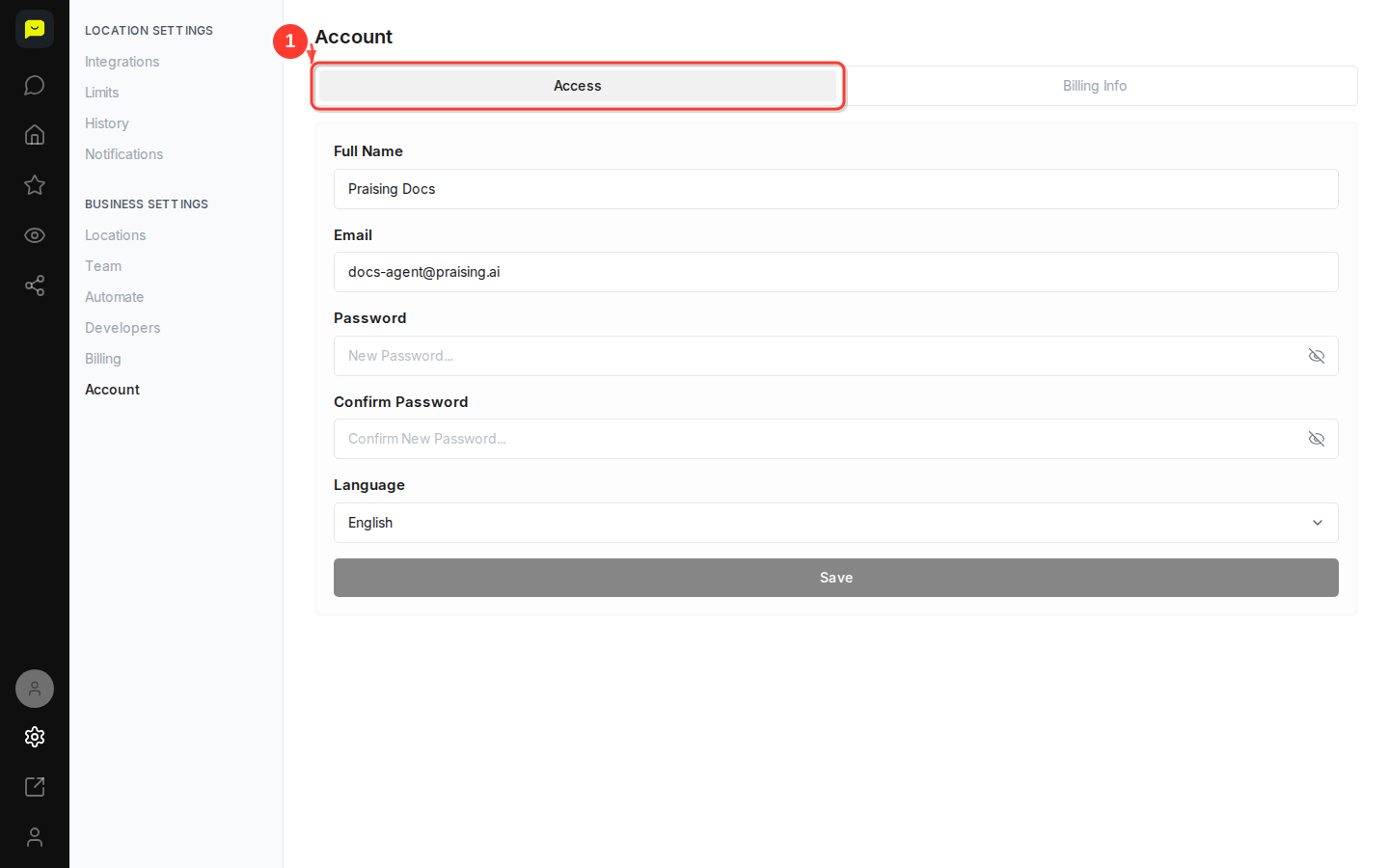 The Access and Billing Info tabs at the top of the Account page