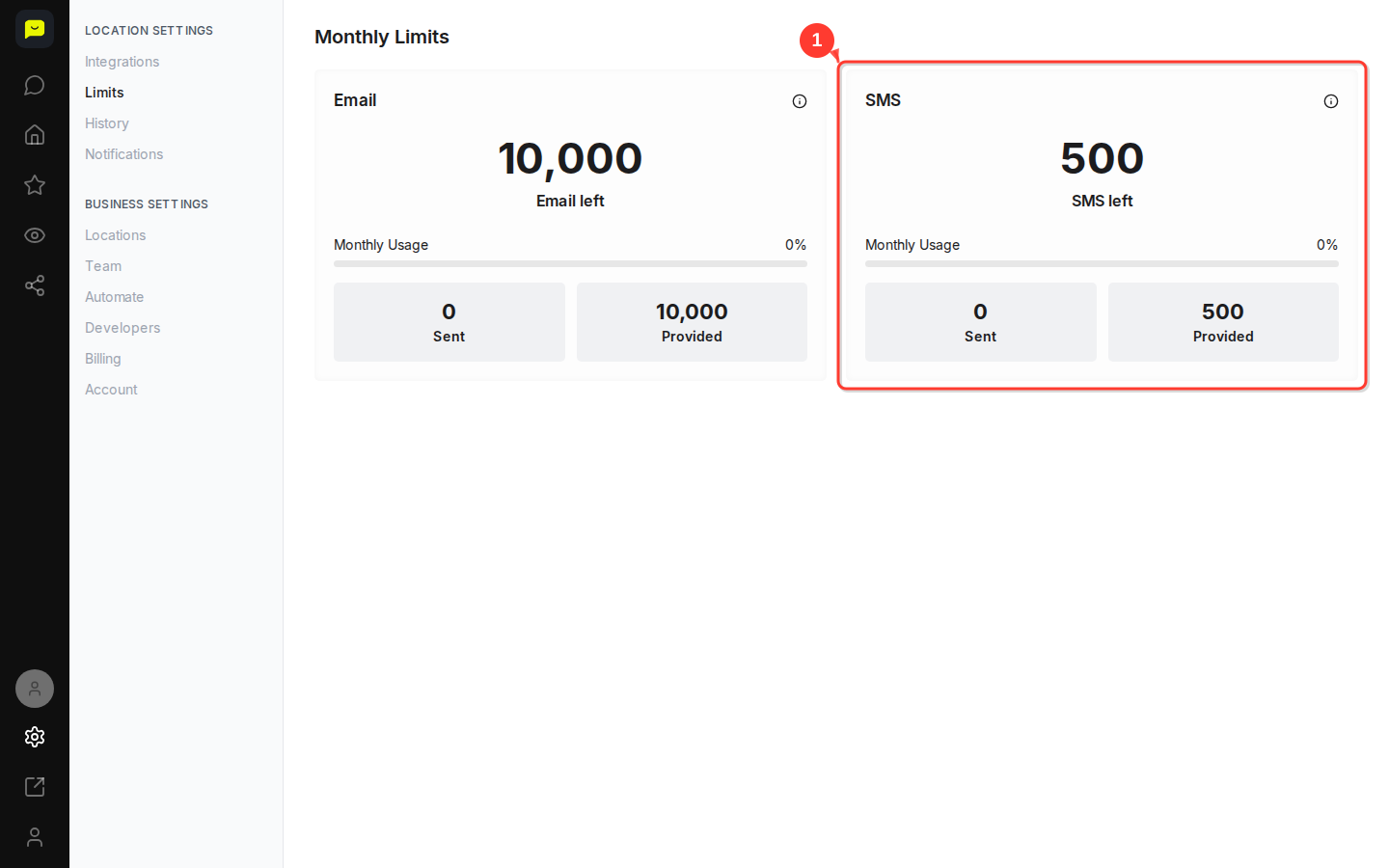 The SMS card on the Monthly Limits page