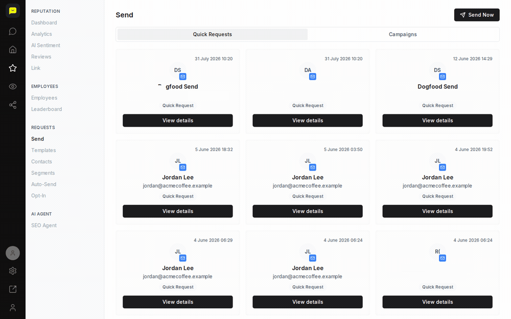 Clicking the Campaigns tab on the Send page