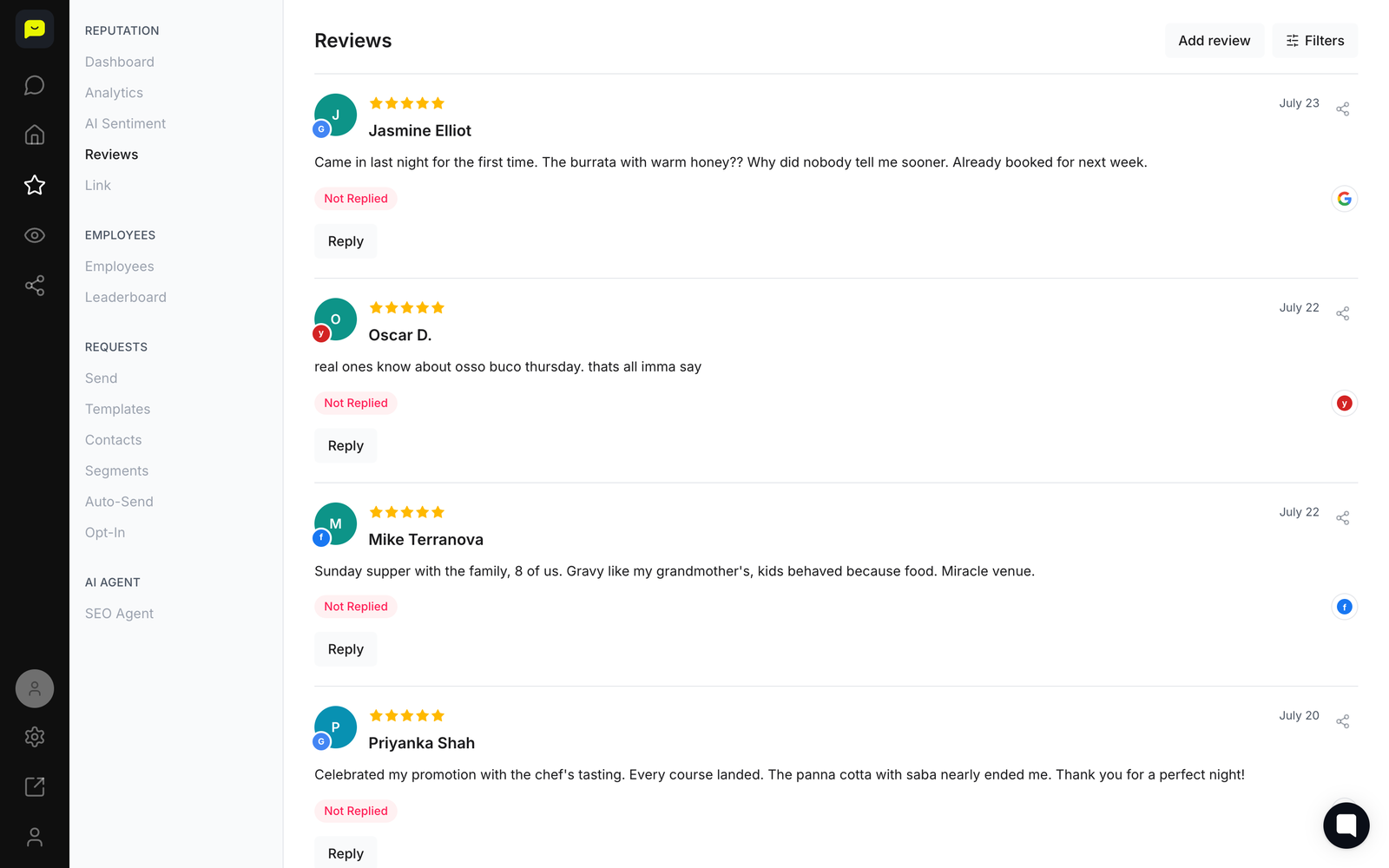 The review inbox with a drafted reply on each review