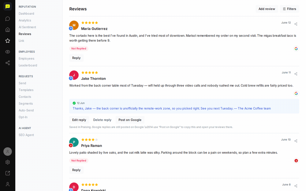Opening the Filters menu, which lists All, Reviews, Private feedback and Unreplied