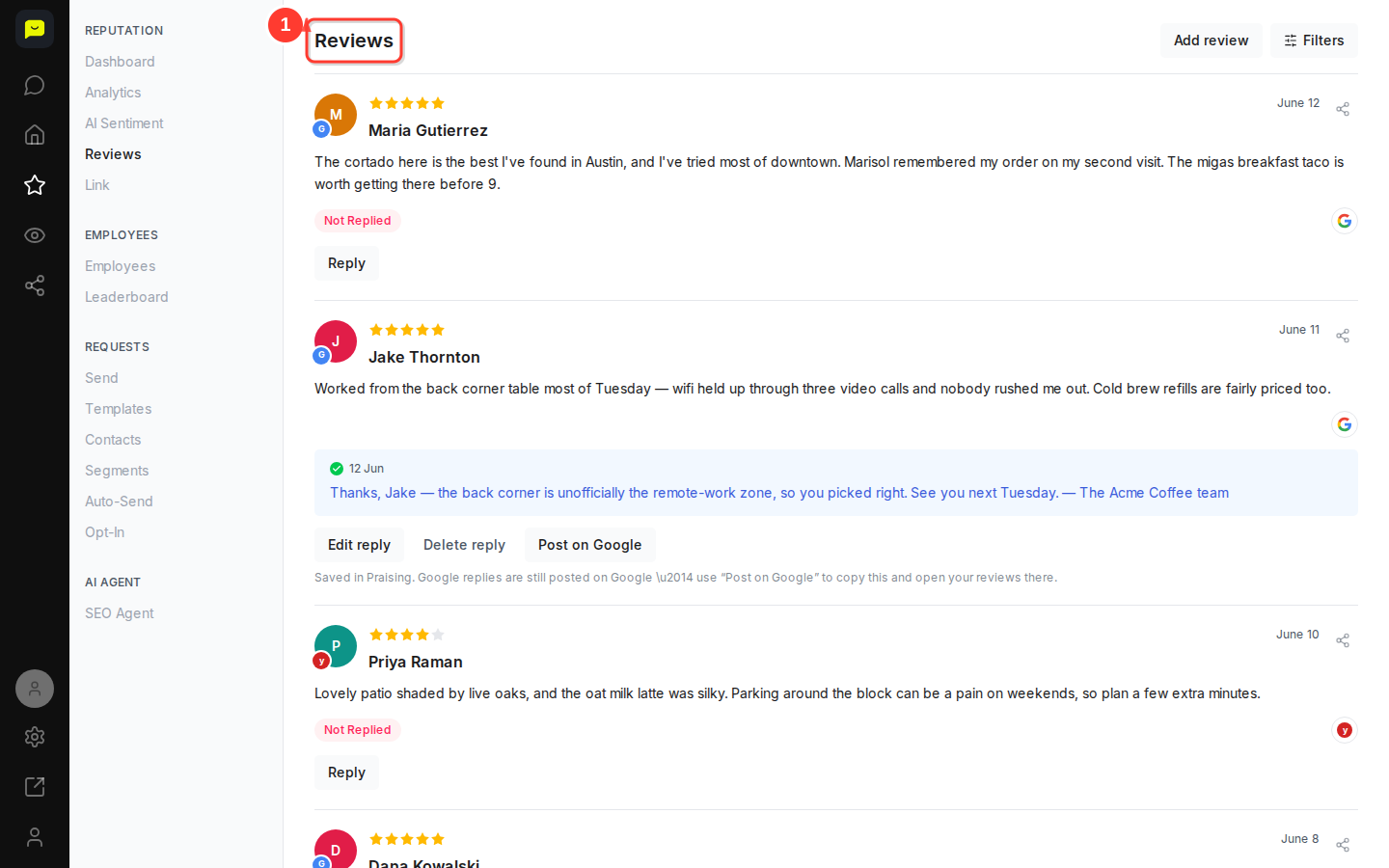 The Reviews page in Praising, with the review feed