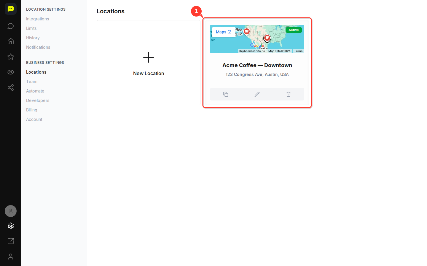 The Acme Coffee location card on the Locations page