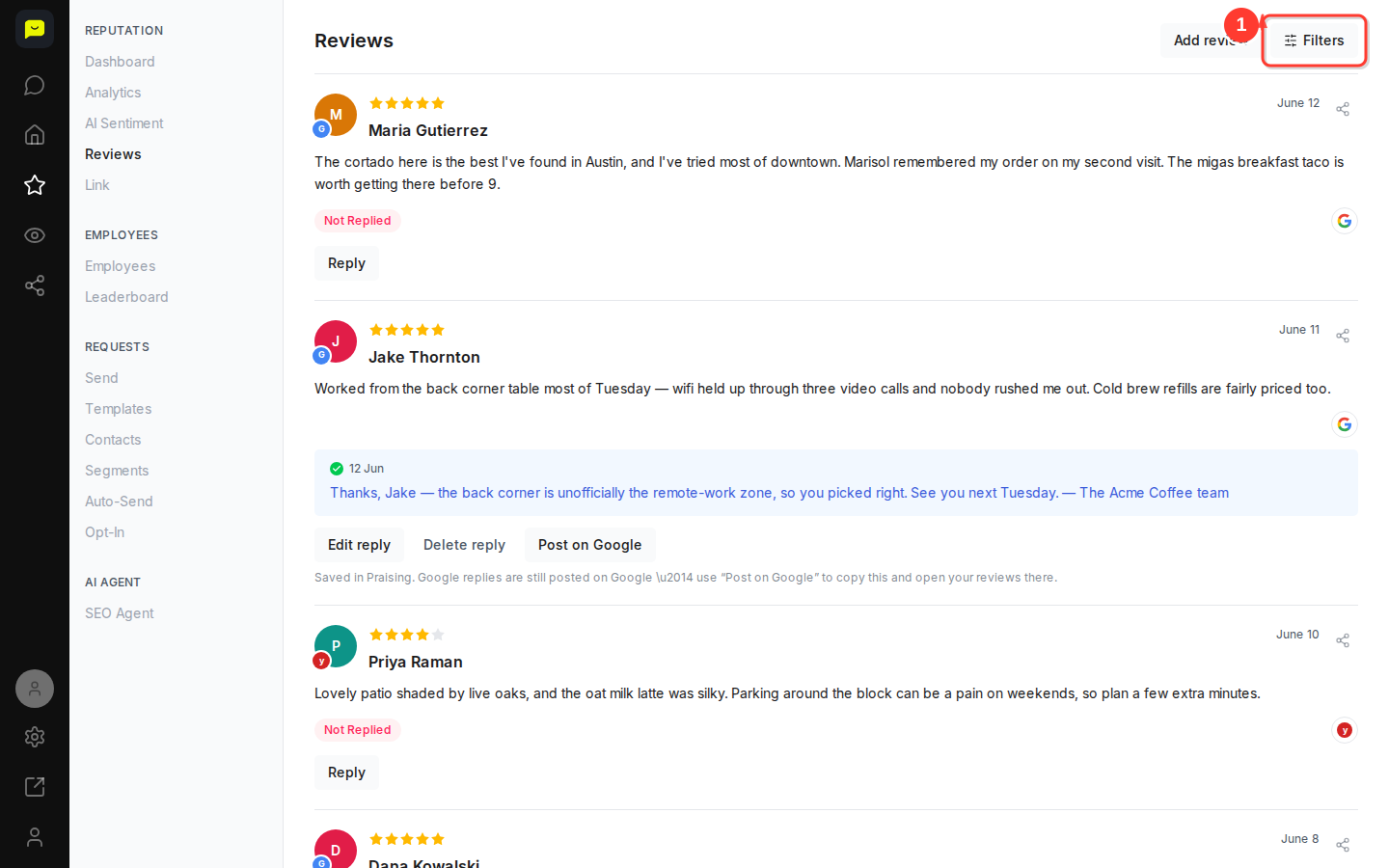 The Filters button at the top right of the Reviews page