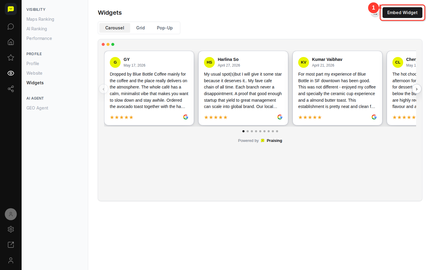 The Embed Widget button at the top of the Widgets page