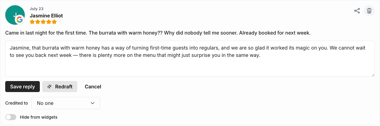 A Google review in Praising with an AI-drafted reply in the reply box