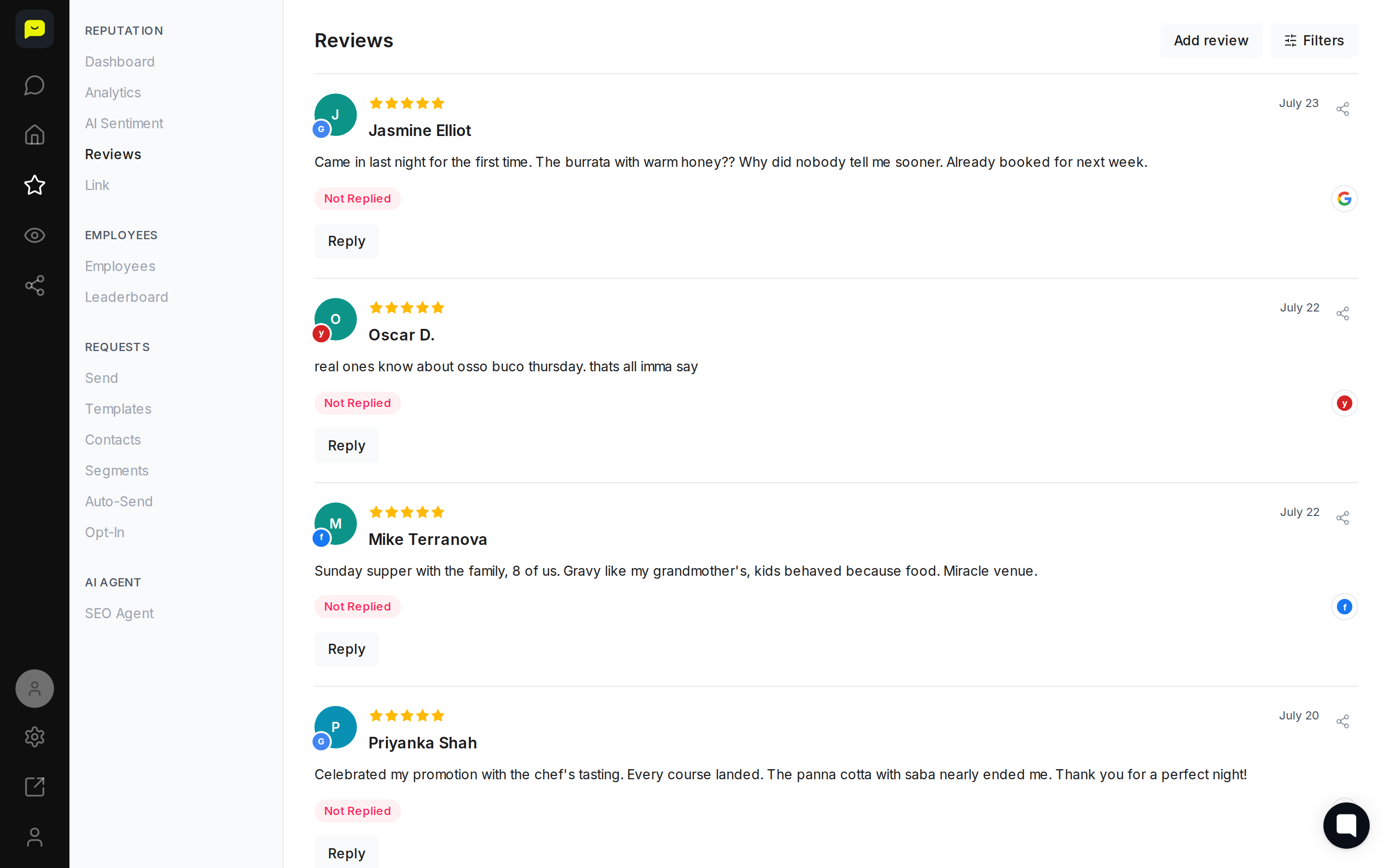 Reputation → Reviews, where every review carries a Reply button and shows which are still unanswered