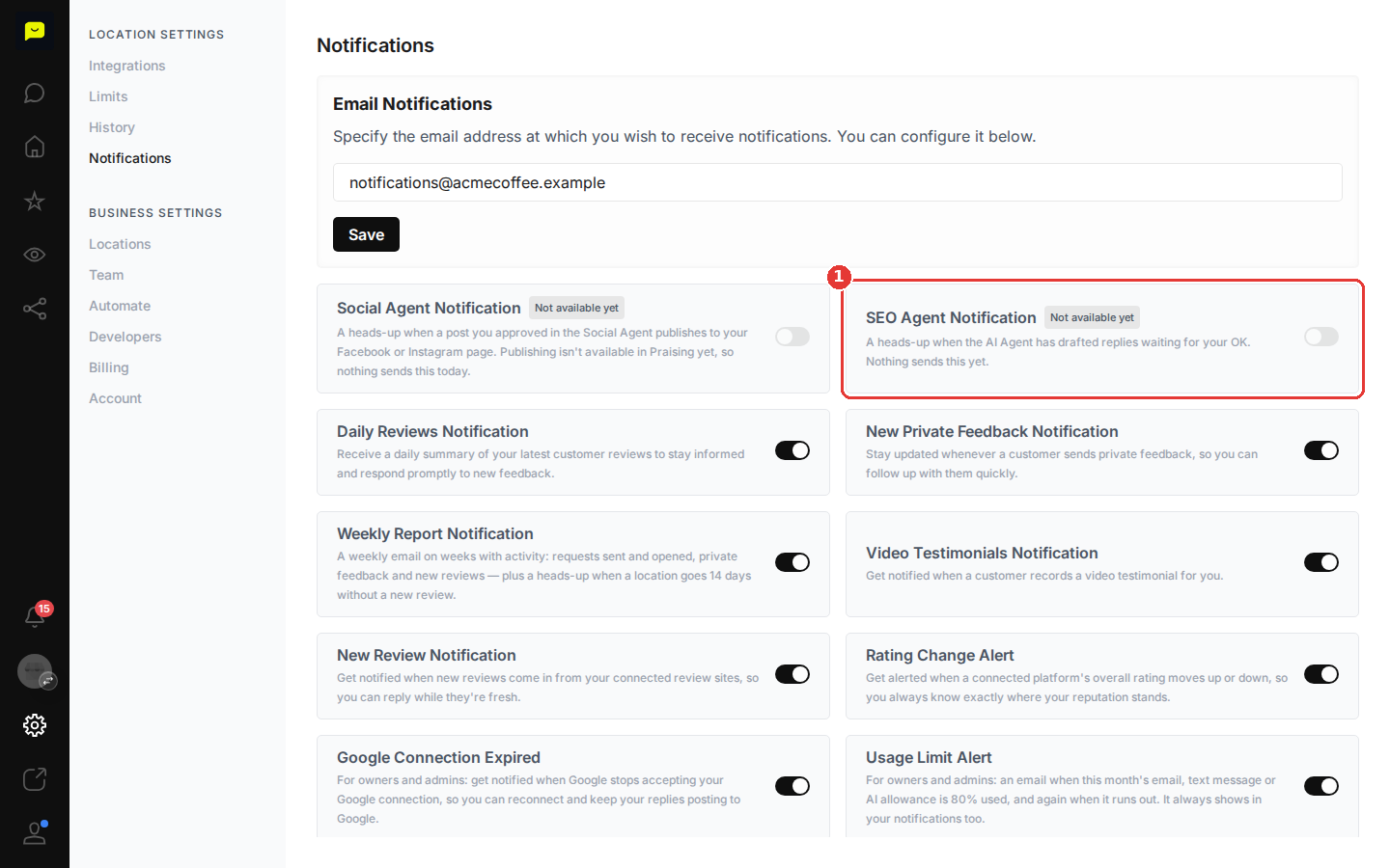 The SEO Agent Notification switch, marked Not available yet